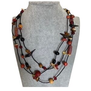 Artisan Black Boho Tribal Nature Folk Art Beaded Bird Layered Necklace NEW
